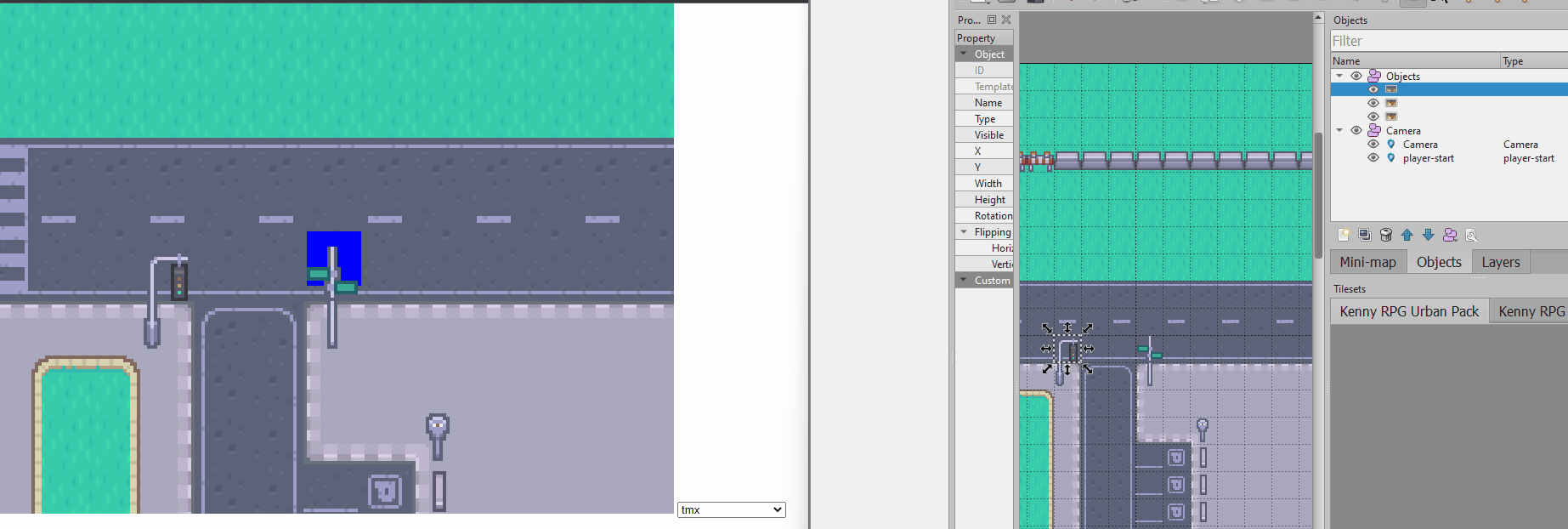 A side-by-side: on the left, a game with a blue square traveling along city roads. the right side is the level in a tiled map editor