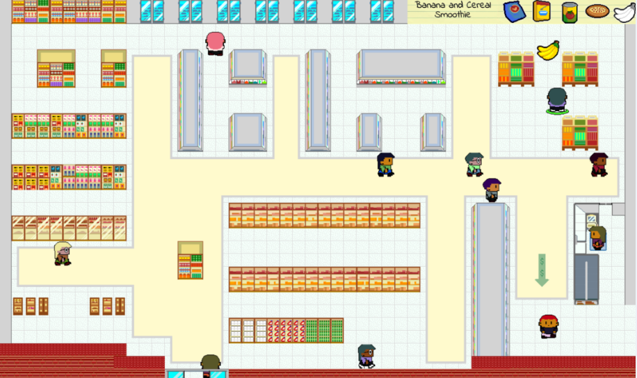 screenshot of the game, showing a top-down 2d grocery store filled with customers
