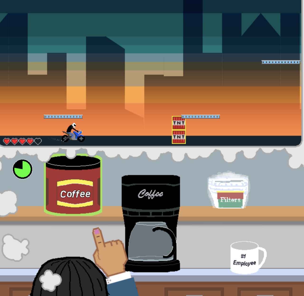 screenshot showing the game: the lower half is various office mini games while the upper &quot;daydrem&quot; is a motorcycle platformer